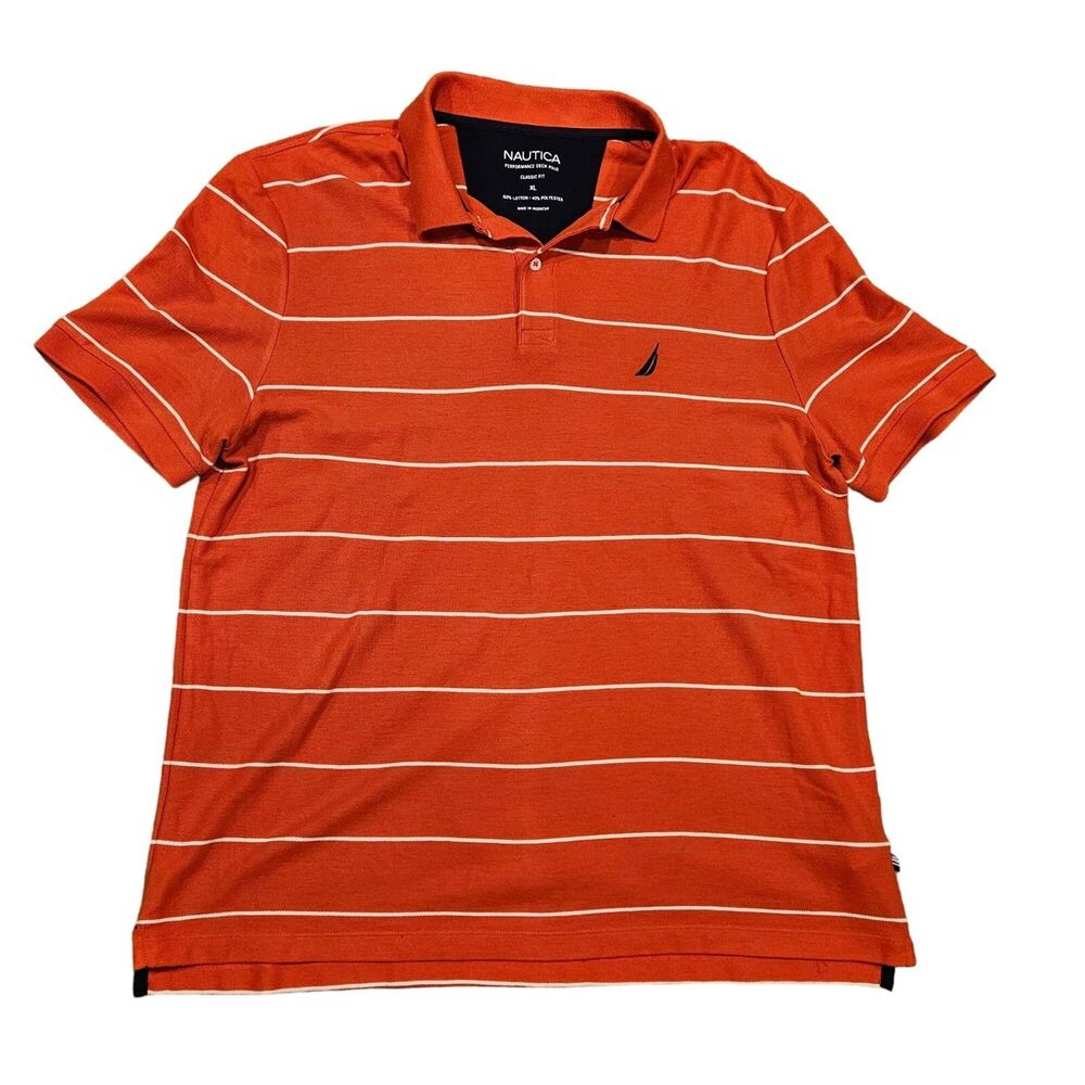 Nautica Performance Deck Polo Classic Fit Men's Orange Striped Polo Shirt Sz XL